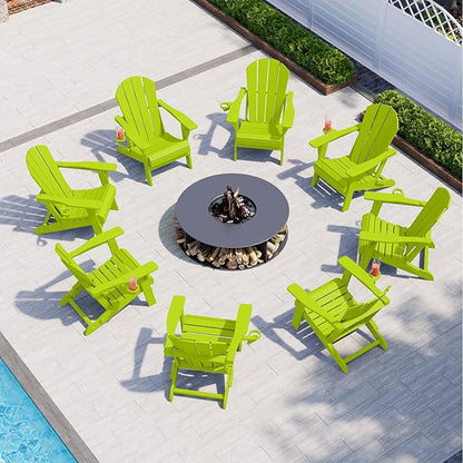 Folding Adirondack Chairs with Cup Holders, Set of 4 HDPE Plastic Outdoor Chairs, Weather Resistant, Real Wood Look, Heavy-Duty Patio Furniture for Deck, Fire Pit, Backyard, Apple Green