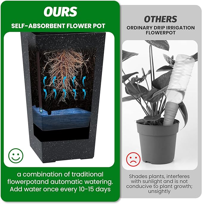 Garvee 16" Tall Planters Set of 4, Outdoor＆Indoor Black Planter Pots, High Front Porch Planter Pots with Drainage Holes＆Water Level Monitor＆Inner Bucket,Black