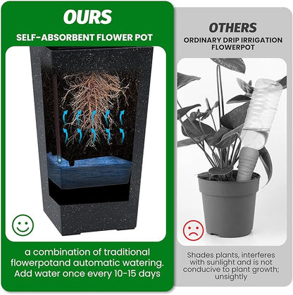 Garvee 16" Tall Planters Set of 4, Outdoor＆Indoor Black Planter Pots, High Front Porch Planter Pots with Drainage Holes＆Water Level Monitor＆Inner Bucket,Black