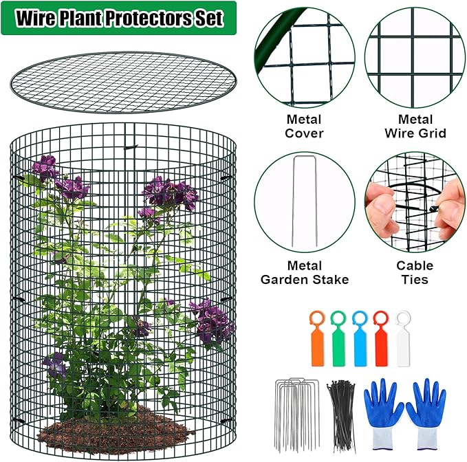 5 Pack Wire Plant Protector with Cover, 16"x12" Detachable Metal Plant Protectors Mesh, Garden Plant Protectors for Shrubs Flowers Vegetables to Keep Rabbit & Chicken Animals Out