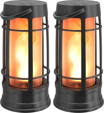 Metal Outdoor Solar Lantern, Flickering Solar Lanterns Outdoor Waterproof with Patented LED, Outdoor Lanterns for Porch, Patio, Garden, Tabletop, Hanging Use, Matte Black (2 Pack)
