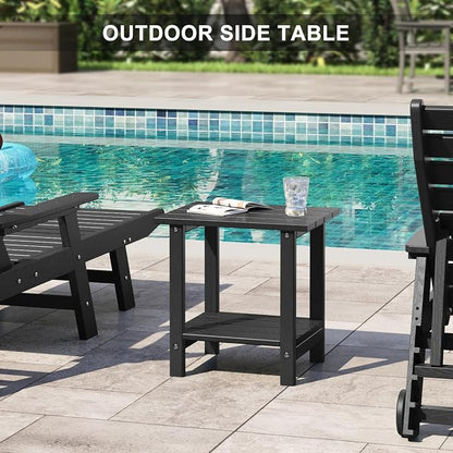 Adirondack Outdoor Side Table with Wood-Like Grain, 16.6" Small Patio End Table, 2-Tier HDPE Plastic Table for Poolside Porch Garden, Weather Resistant & Easy Assembly (Black, Rectangle)