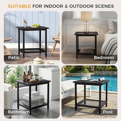 2-Tier Outdoor Side Table with Storage, Weather Resistant Patio End Table, HDPS Small Accent Table for Deck, Garden, Pool, Backyard, Black 2pcs