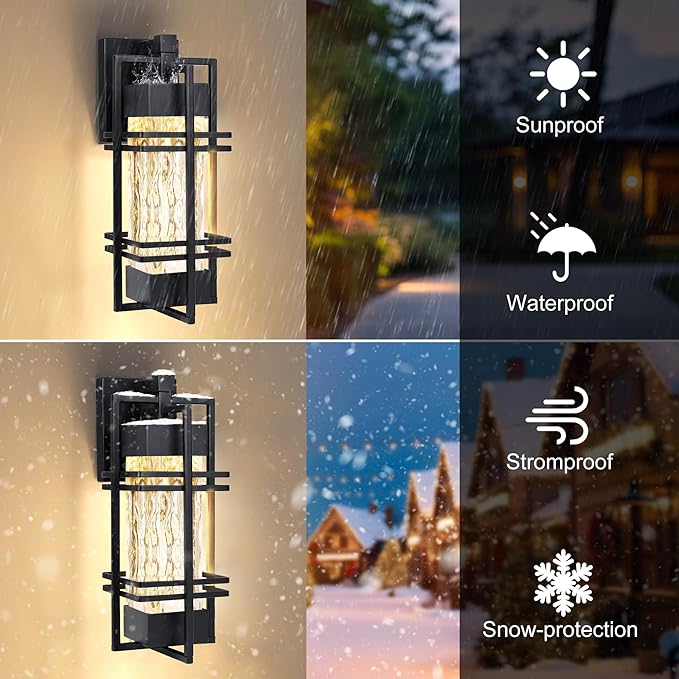 Outdoor Front Porch Light Fixtures Wall Mount, Water Ripple Outdoor Wall Lantern,2 Pack Black Exterior Lighting Fixtures, Waterproof Sconce Lights, Outside Lantern Lamp for Garage(Bulb Included)