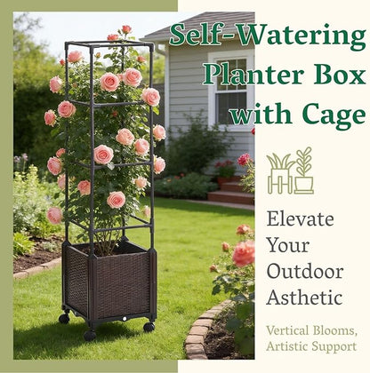 Raised Garden Bed Planter Box with Trellis | Self-Watering Tomato Planter with Wheels for Climbing Plants & Vegetable | Vertical Gardening Tomato Pot with Tomato Cage Indoor Outdoor Patio Greenhouse