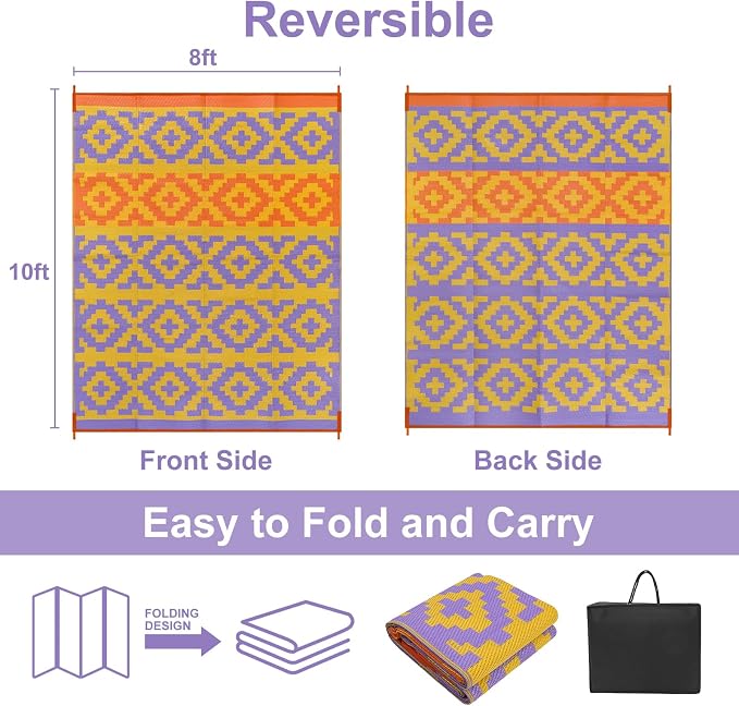 Anidaroel Camping Rug for Outside RV, 8x10 Waterproof Outdoor Rug for Patio Clearance, Reversible Plastic Straw Outside Area Rug for Deck, Camper, Backyard, Picnic(Purple&Orange,8‘x10')