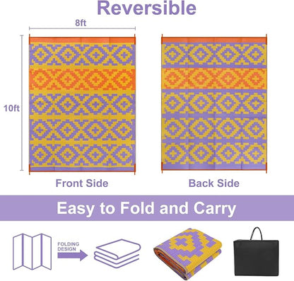 Anidaroel Camping Rug for Outside RV, 8x10 Waterproof Outdoor Rug for Patio Clearance, Reversible Plastic Straw Outside Area Rug for Deck, Camper, Backyard, Picnic(Purple&Orange,8‘x10')