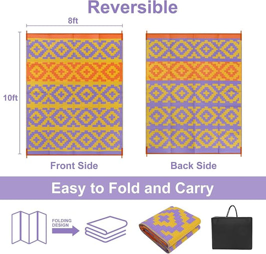 Anidaroel Camping Rug for Outside RV, 8x10 Waterproof Outdoor Rug for Patio Clearance, Reversible Plastic Straw Outside Area Rug for Deck, Camper, Backyard, Picnic(Purple&Orange,8‘x10')