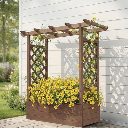 Outvita Raised Garden Bed with Trellis, Wood Planter Box with Hanging Roof, Side Trellis and Drainage Holes, Above Ground Elevated Garden Bed for Outdoor Climbing Plants Vegetables(Carbonized Color)