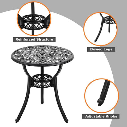 NUU GARDEN 3-Piece Cast Aluminum Bistro Set, Outdoor Patio Bistro Table and Chairs with Umbrella Hole and Grey Cushions, Black
