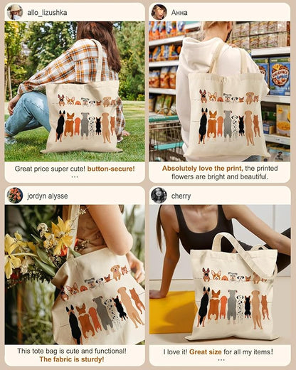 Miss Adola Canvas Tote Bag for Women – Aesthetic Canvas Bag with Zipper Cute Stylish Reusable Shoulder Totes for Shopping Work Daily Vacation, Multi Puppies