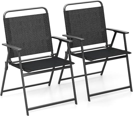 Tangkula Outdoor Folding Chairs Set of 2, Patio Dining Chairs with Breathable Fabric Seat & Cozy Armrests, Heavy-Duty Metal Frame, Portable Lawn Chairs for Backyard, Porch, Camping (2, Black)