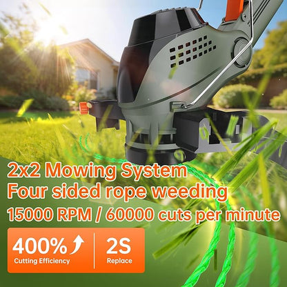 13-Inch String Trimmer Cordless,(2 x 21V 6.0Ah Batteries & Charger), Trimmer/Edger/Lawn Mower/Brush Cutter 4-in-1, Electric Weed Wacker with 2x2 Mowing Grass System, 3 Cutting Methods