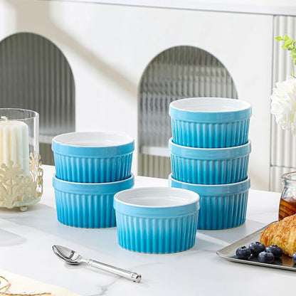 MALACASA Ramekins 8 oz Oven Safe, Large Ceramic Souffle Dishes for Baking & Serving, Stoneware Custard Cups Ramekin for Creme Brulee, Baking Bowls Set of 6, Blue, Series RAMEKIN-DISH