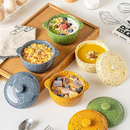 Individual Serving Pot Set of 4-10 Oz Ceramic Mini Cocotte with Handles & Lids - Great for Souffle, Soup, Cobbler, Stoneware Baking Ramekins, Oven Compatible,Gray