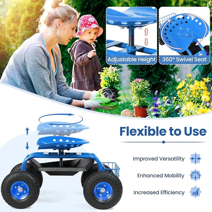 Goplus Garden Seat with Wheels, Rolling Garden Cart with Adjustable 360° Swivel Seat, Tool Tray, Basket for Lawn, Yard, Patio, Heavy Duty Gardening Stool, Outdoor Wagon Scooter for Seniors