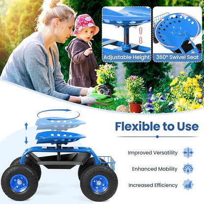 Goplus Garden Seat with Wheels, Rolling Garden Cart with Adjustable 360° Swivel Seat, Tool Tray, Basket for Lawn, Yard, Patio, Heavy Duty Gardening Stool, Outdoor Wagon Scooter for Seniors