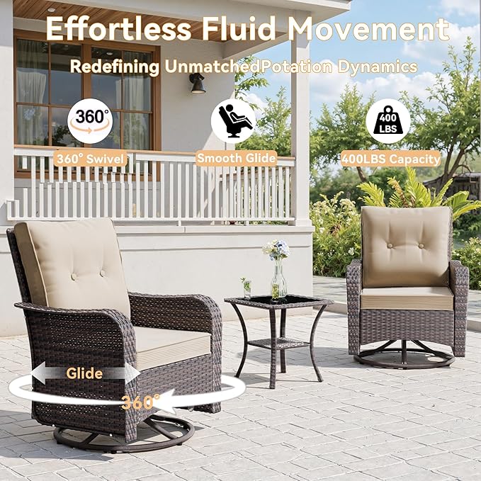 9 Pieces Outdoor Patio Furniture Set with 43" 55000BTU Gas Propane Fire Pit Table & Swivel Rocking Chairs, PE Wicker Rattan Outdoor Sectional Patio Set, Outdoor Patio Conversation Set, Khaki