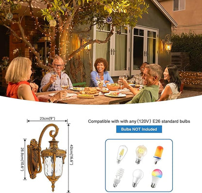 Outdoor Wall Lights, Waterproof Aluminum Porch Wall Light for Outside House, Patio, Yard, Garden, Gold Gooseneck Exterior Wall Sconce, Hardwired Outdoor Acorn Shape Lantern Lamp, Water Ripple Glass