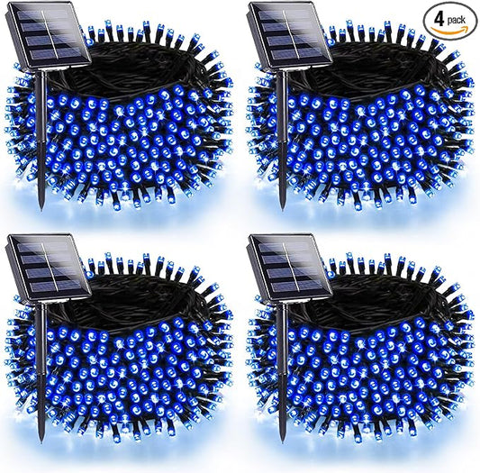 4 Pack 180FT Solar Christmas Lights Outdoor Waterproof, Super Bright 320 LED Solar String Lights with 8 Lighting Modes, Green Wire Solar Twinkle Fairy Lights for Outside Tree Xmas Party Garden(Blue)