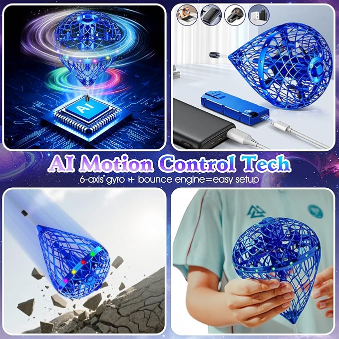 Bouncing Fly Ball, Magic Hover Spinner with Dazzling Lights, Floating Cosmic Globe Party Toy, Christmas Birthday Gift for 6 7 8 9 10+ Year Old Boys Girls (Blue)