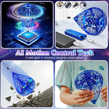Bouncing Fly Ball, Magic Hover Spinner with Dazzling Lights, Floating Cosmic Globe Party Toy, Christmas Birthday Gift for 6 7 8 9 10+ Year Old Boys Girls (Blue)