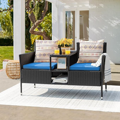 Devoko Outdoor Patio Loveseat Modern Rattan 2-Seat Patio Conversation Set with Cushions & Built-in Coffee Table Porch Furniture for Garden Lawn Backyard (Blue)
