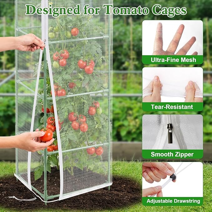 3 Pcs Tomato Netting for Garden Protection, 57" X 17.7" X 17.7" Square Tomato Cage Insect Barrier Plant Netting Mesh Cover with Zipper & Drawstring, for Vertical Climbing Plants Vegetables Fruits