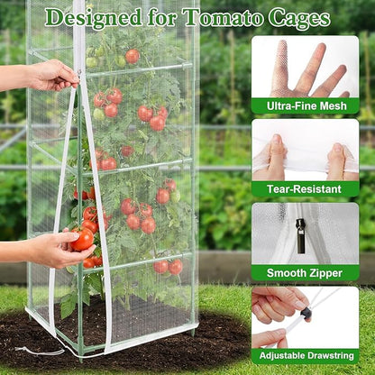 3 Pcs Tomato Netting for Garden Protection, 57" X 17.7" X 17.7" Square Tomato Cage Insect Barrier Plant Netting Mesh Cover with Zipper & Drawstring, for Vertical Climbing Plants Vegetables Fruits