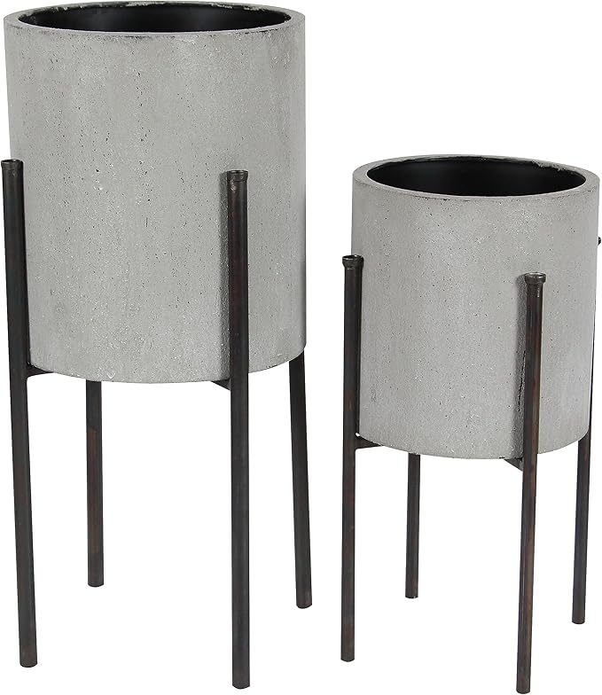 Deco 79 Metal Indoor Outdoor Planter Textured Exterior Large Planter Pot, Set of 2 Planters 19", 23"H, Light Gray