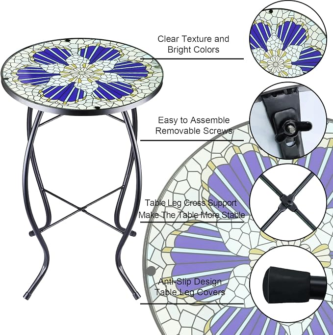 Arbuxzuy 12 Inch Small Outdoor Side Table with Blue Morning Glory, Glass Mosaic Patio Table Indoor, Round Plant Coffee Table for Living Room, Balcony, Garden