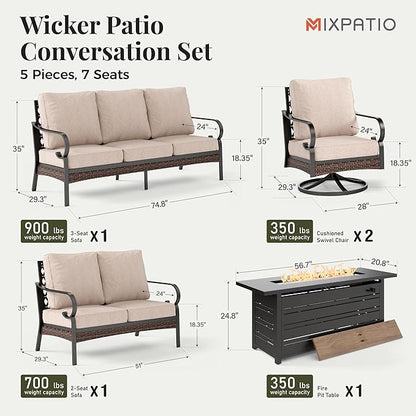 Patio Furniture Set with 56'' Firepit Table, Black Frame Outdoor Conversation Set with 2 x Swivel Chairs, 1 x 2-Seat Sofa, 1 x 3-Seat Sofa for Lawn Garden Backyard, Beige