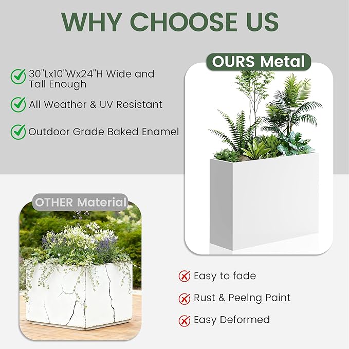 Tall Metal Planter for Outdoor Plants,30" Lx10“Wx24”H All-Weather Durable Plant Box,Large Rectangular Planter with Drainage Holes & Removable Shelf,Modern Decor for Tall Small Plants, Trees, Flowers