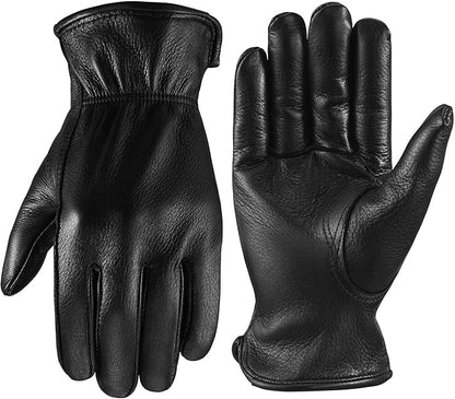 OZERO Leather Garden Gloves: Soft Breathable Mens Deerskin Gloves for Driving, Motorcycle, Horse Riding - Flexible Grip for Working Gardening Yardwork Ranch Farming Hunting for Men & Women (Black,S)