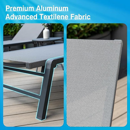 Aluminum Chaise Lounge Chair Outdoor, Foldable Patio Lounge Chair 2 Sets with Table Assemble-Free, Pool Lounge Chairs with 5 Adjustable Backrest, Outdoor Lounge Chairs for Outside Poolside Grey