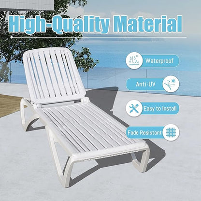 Domi Patio Outdoor Chaise Lounge Chairs Set of 4, All-Weather Plastic Adjustable Reclining Loungers, Stackable Tanning Lounge Chair w/Wheels, for Beach Garden Lawn Pool, White