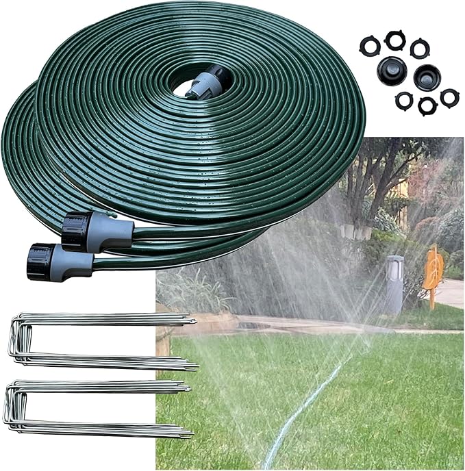 Watoo 2026 Sprinkler Hose & Soaker Hose for Yard - 100 FT Reinforced Flat Garden Hose with Holes, Heavy Duty No-Kink Lawn Irrigation Hose (Includes Stakes, High Pressure Spray)