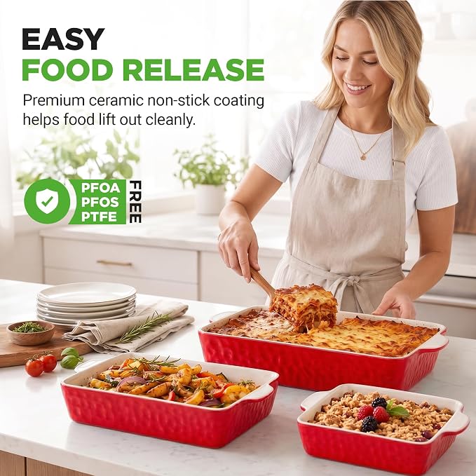 NutriChef 3-Piece Ceramic Casserole Dish for Oven - Premium Lasagna Baking Pans w/ Nonstick Coating & Built-In Handles - Dishwasher & Microwave Safe - 14" x 8", 10" x 6", 7" x 5" - Red