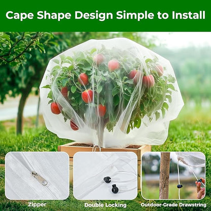 Fruit Tree Netting with Zipper & Drawstring - 15'x15' Garden Plant Net Pest Barrier to Prevent Cicadas Bird Squirrel Deer - Bug Protection for Blueberry Tomato with Fine Mesh Insect Cover (2 Pack)
