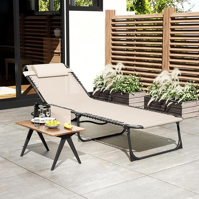 EBE Folding Lounge Chair, Outdoor Adjustable Chaise Lounge Chair, Portable Tanning Chaise with Detachable Pillow and Side Pocket, Reclining Chairs for Pool Beach Patio Sunbathing, Beige