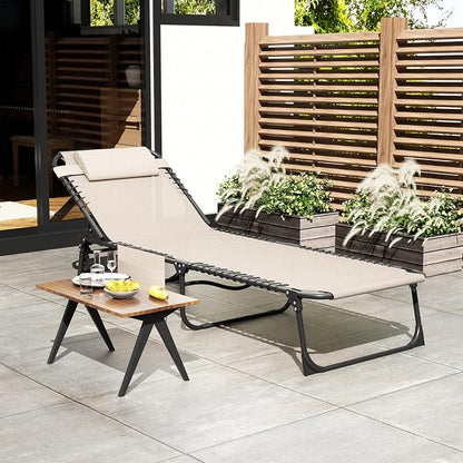 EBE Folding Lounge Chair, Outdoor Adjustable Chaise Lounge Chair, Portable Tanning Chaise with Detachable Pillow and Side Pocket, Reclining Chairs for Pool Beach Patio Sunbathing, Beige