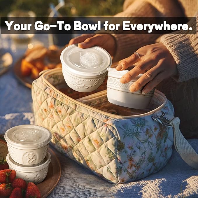 Artena Ramekins with Lids, Creme Brulee Ramekins Oven Safe, Ceramic Pudding Cups, Souffle Cups, Custard Cups, Dipping Sauce Cups, Food Storage Containers with Lids, Set of 4 (4 oz, Multiple Patterns)