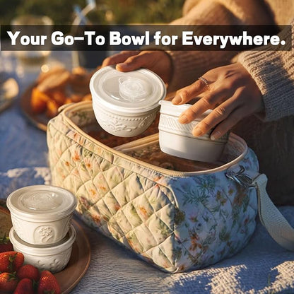 Artena Ramekins with Lids, Creme Brulee Ramekins Oven Safe, Ceramic Pudding Cups, Souffle Cups, Custard Cups, Dipping Sauce Cups, Food Storage Containers with Lids, Set of 4 (8 oz, Damask Floral)