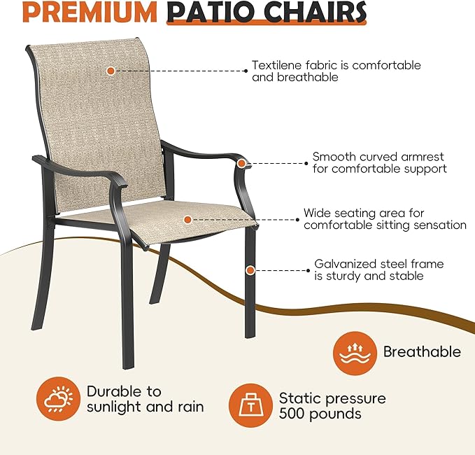 UDPATIO Patio Dining Chairs Set of 2, High Back Wide Seat Outdoor Furniture Chairs with All Weather Breathable Textilene, for Garden Backyard Deck, Brown