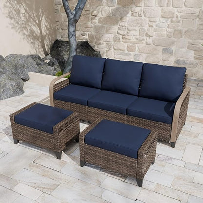 COOS BAY Modern Wicker Outdoor Furniture Set, Patio Conversation Set with 3 Seat Couch, and Ottomans, 3 Piece, Brown/Blue