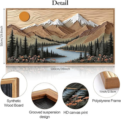 CHDITB Mountain Framed Wall Art, Long Horizontal Mountains Wall Decor, Sun Lake Pine Trees Nature Wall Painting, Modern Rustic Farmhouse Landscape Art Prints for Bedroom Office Decoration 20"x40"