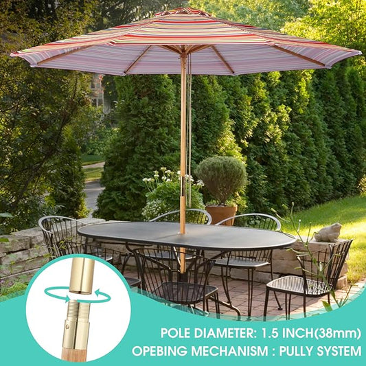 9FT Table Patio Outdoor Umbrella Market Round Umbrella with Pulley Lift Windproof & Waterproof, 8 Ribs with Polyester Cover for Garden, Deck, Pool, lawn, Backyard