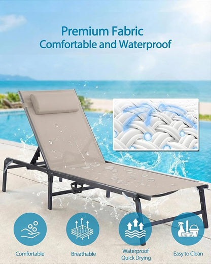 2 Pack Foldable Chaise Lounge Chair with Cup Holder, Assemble-Free Outdoor Lounge Chair with Detachable Pillow and 6 Adjustable Backrest, Patio Lounge Chair for Outside Poolside Beach Pool, Khaki