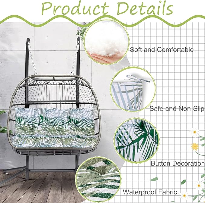 Replacement Cushion for Swings, Waterproof Porch Swing Cushion, 2-3 Seat Replacement Swing Seat Cushion with Backrest and Ties for Patio Backyard Porch Garden(Flower color2 40 * 60 in)