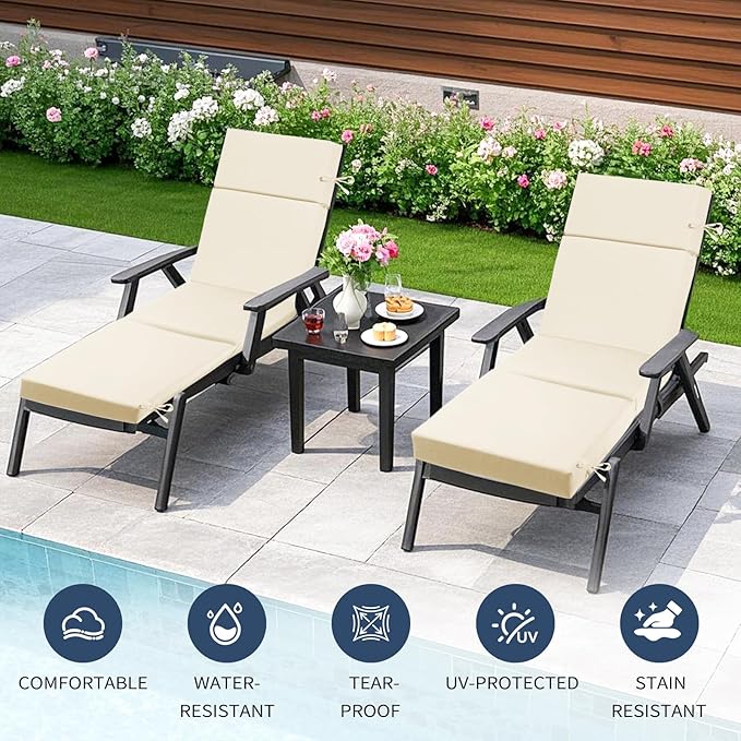 Outdoor Chaise Lounge Cushion 72" x 21" x 3", 4-Section Folding Patio Lounge Chair Cushion with Ties, Waterproof & Fade Resistant Replacement Cushion for Pool, Patio, Deck (Beige, 1 Pcs)